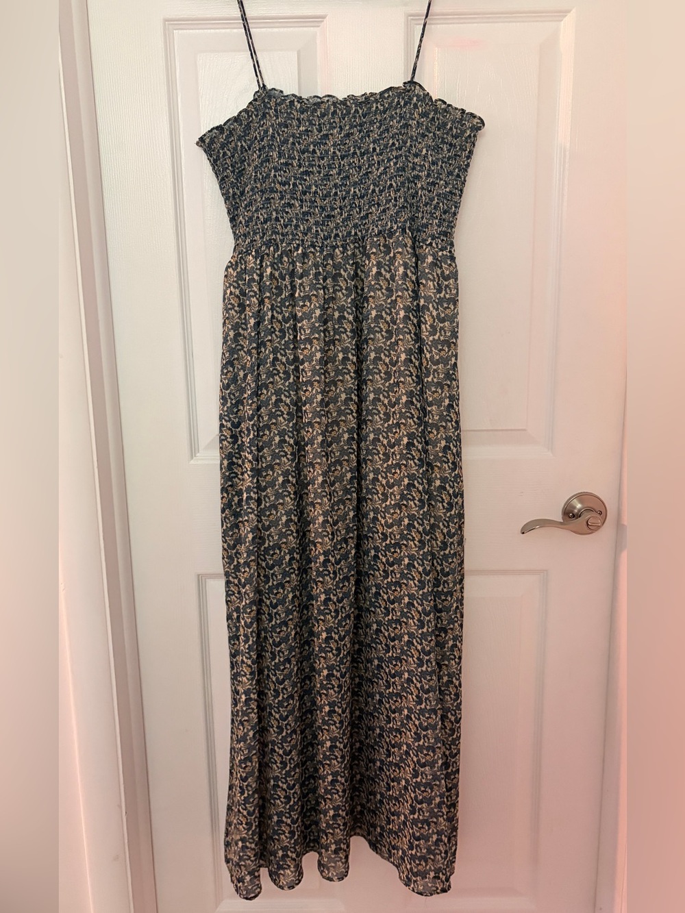 Smocked Floral Maxi Dress in Navy and Cream
